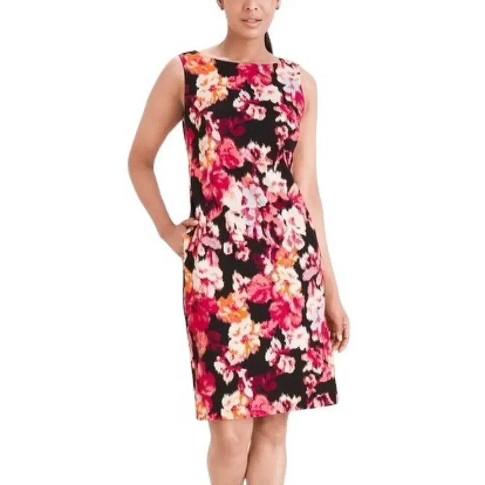 NWT CHICO'S Sleeveless Shift Ponte Dress in Black Florals  SZ 14
